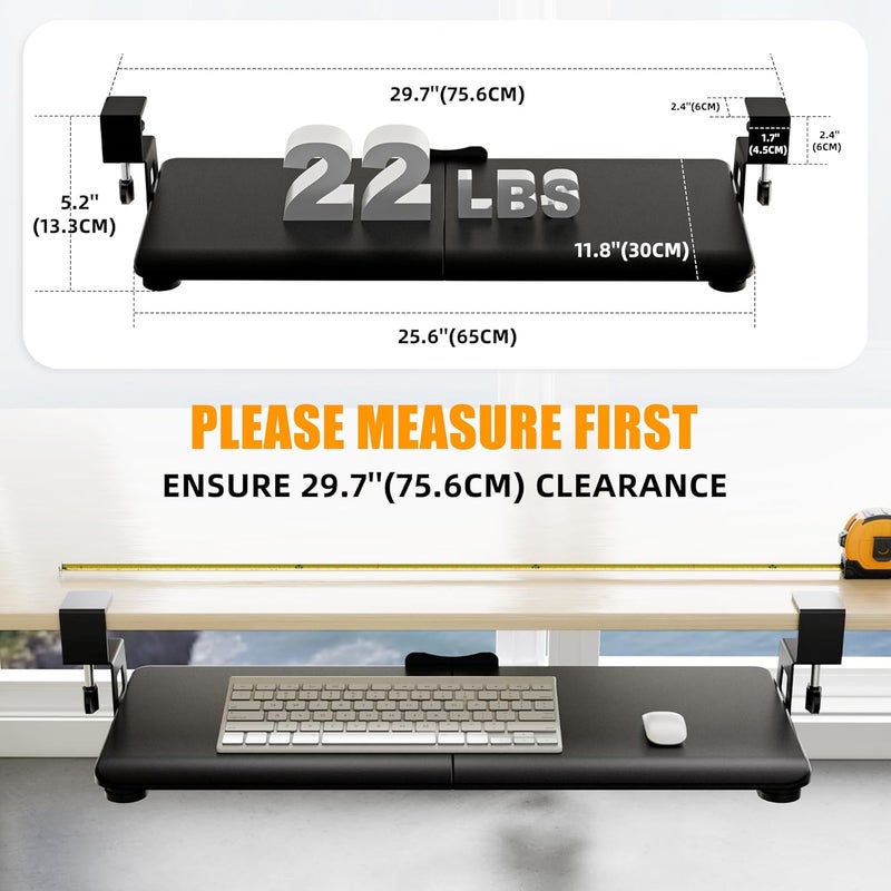 ERGOMAKER Store Keyboard Tray Under Desk, Pull Out Keyboard Tray with C Clamp Mount, 25.6" (29.7" Including Clamps) x 11.8" Slide-Out Platform Computer Drawer for Typing, Keyboard & Mouse Tray, Black - Image 3